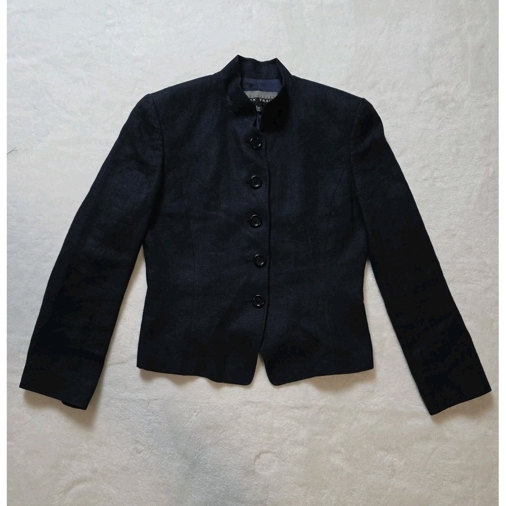 Linda Allard Ellen Tracy Linen Blazer Jacket Navy Blue Preppy Academia Size 8